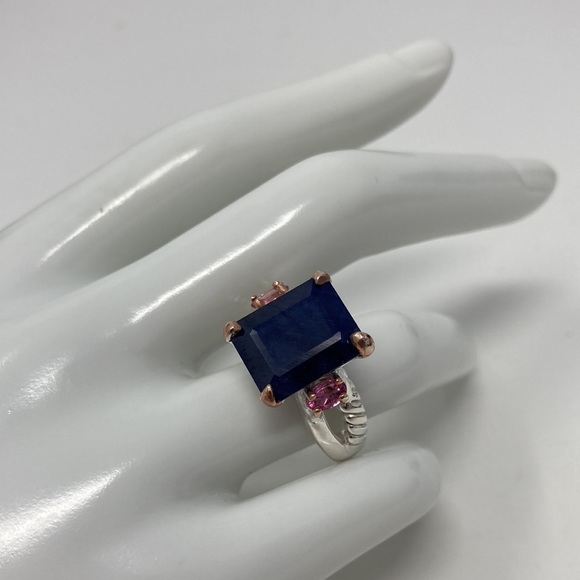 Genuine Sapphire Ring Amazing 12 CTW & Pink Tourmalines Ring - Picture 4 of 10